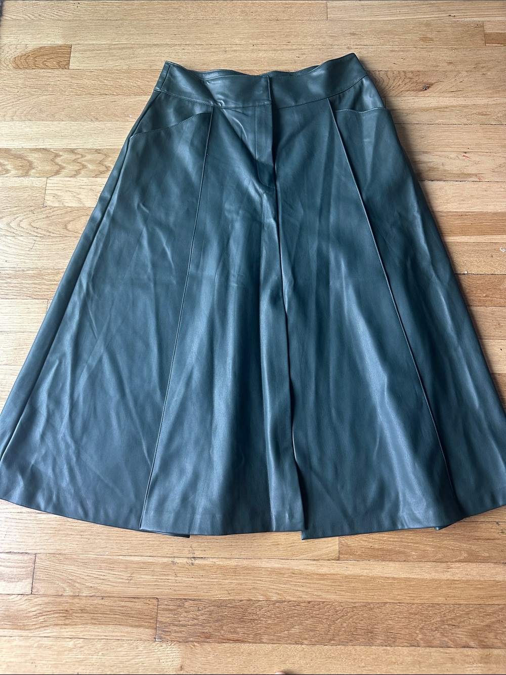 Zara Dark Green Faux Leather A-Line Midi Skirt
